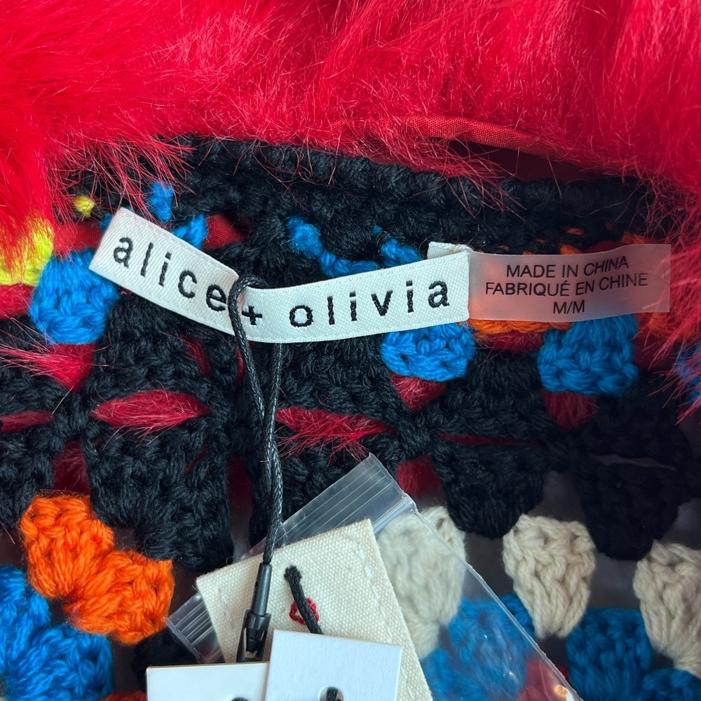 NEW Alice + Olivia Anderson Cropped Faux Fur Collared Cardigan Crochet Size M - Picture 4 of 7